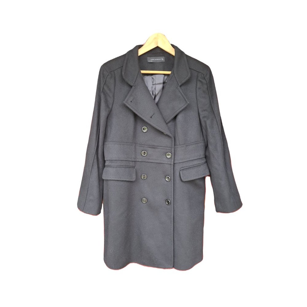 Zara woman long black double breasted pea coat c